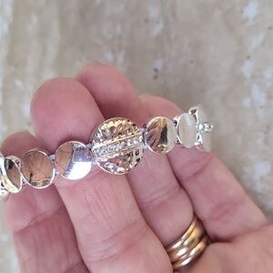 Elegant Silver Tone Stretch Bracelet With Rhinestones
